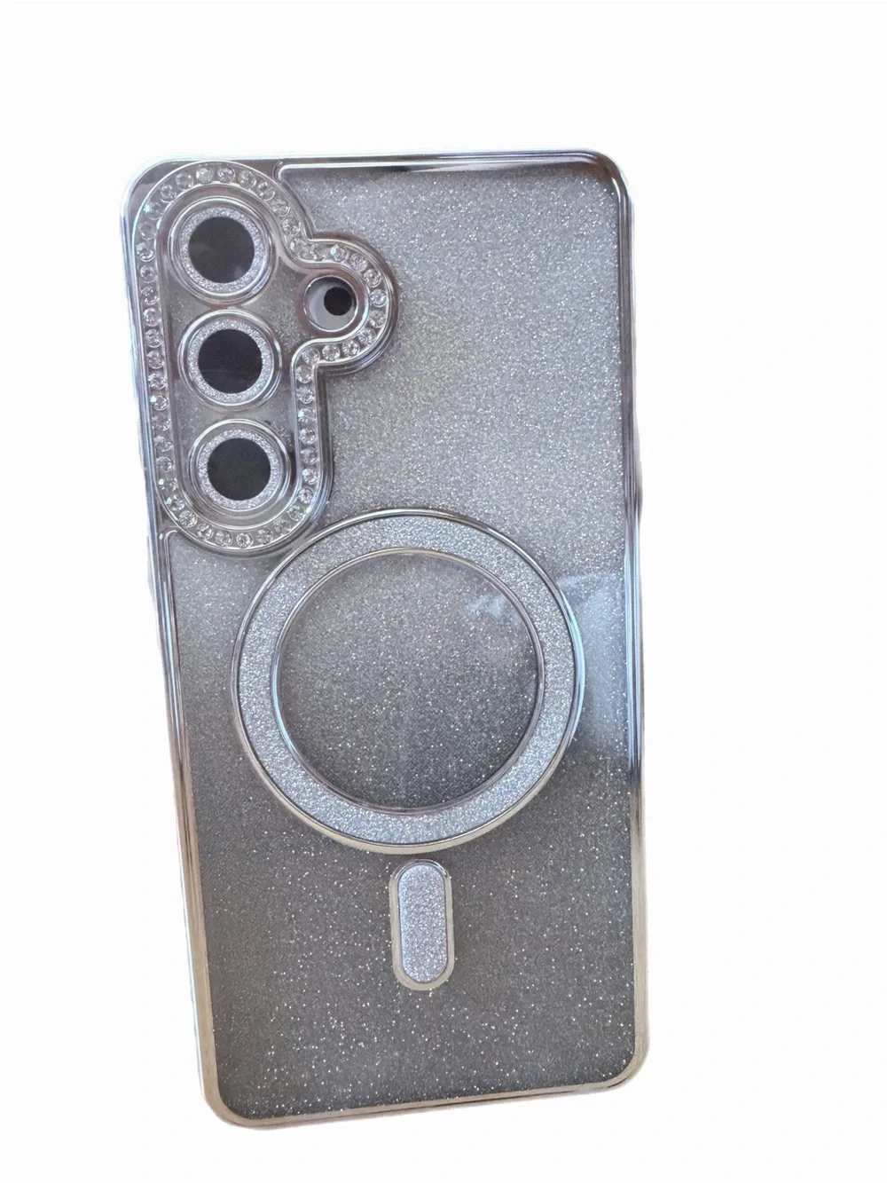 Silver Glitter Magnetic Ring Phone Case Samsung S26 plus Camera Rhinestones.